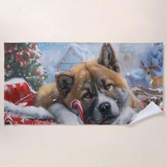 Serviette De Plage Akita Chien Festive de Noël (Devant)
