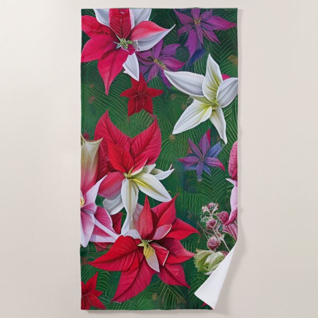 Serviette De Plage Amaryllis et Poinsettia Floral AI Art (Devant)