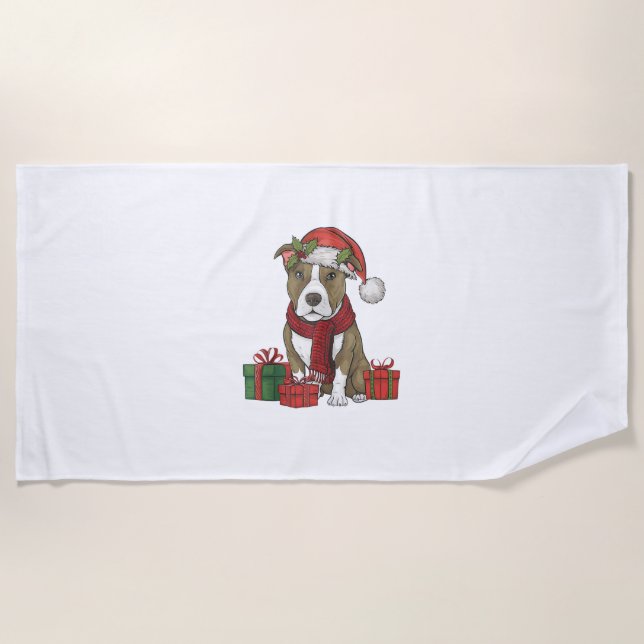 Serviette De Plage American Pitbull Terrier Chien Noël fêtes San (Devant)