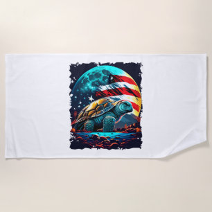 Serviette De Plage Amérique tortue sous lune avec drapeau américain