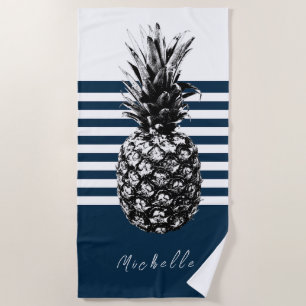 Serviette De Plage Ananas à rayures blanc et marine   Personnalisé