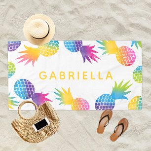 Serviette De Plage Ananas Arc-en-Ciel Tropical Personnalisé Jaune