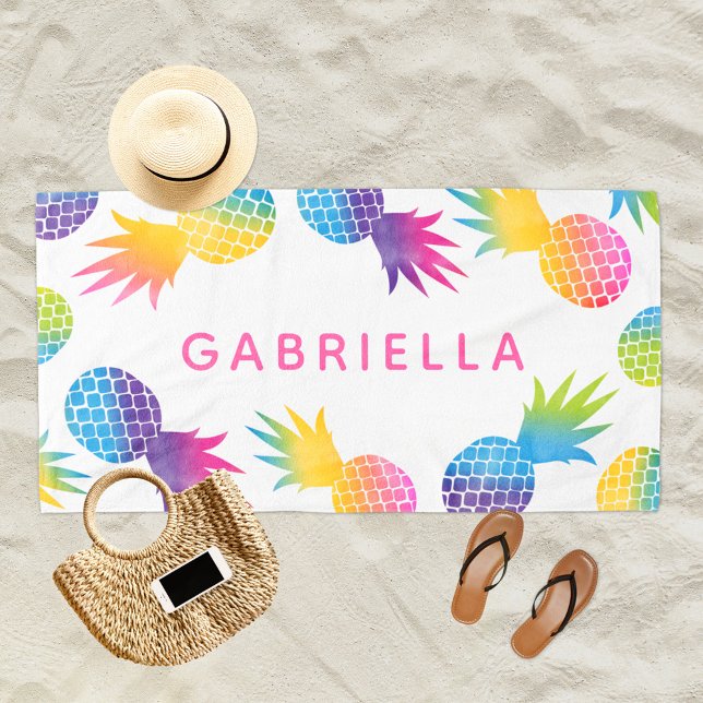 Serviette De Plage Ananas Arc-en-Ciel Tropical Rose Personnalisé (Créateur téléchargé)