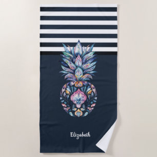 Serviette De Plage Ananas Coloré Navy Blue Rayé