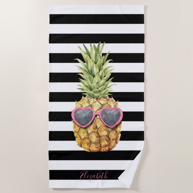 Serviette De Plage Ananas cool, Grandes Blances Noires (Devant)