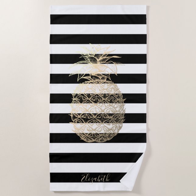 Serviette De Plage Ananas en or, Blancs noirs (Devant)