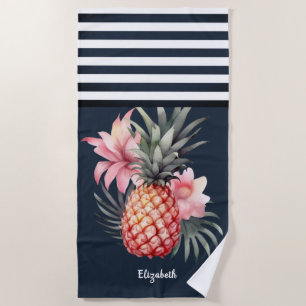 Serviette De Plage Ananas Hibiscus Marine Nautique Bleu strié