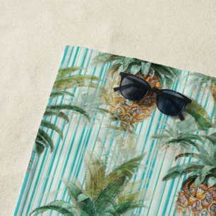 Serviette De Plage Ananas tropical avec bandes Aqua