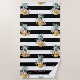 Serviette De Plage Ananas tropicaux, Blancs noirs