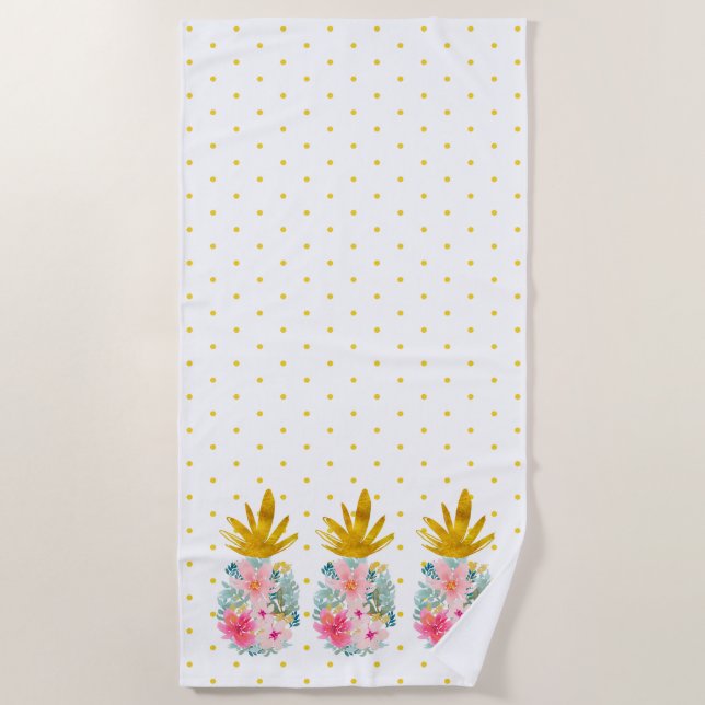 Serviette De Plage Ananas tropicaux rose et or et Pois (Devant)