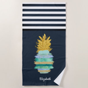 Serviette De Plage Ananas Vert Pailleté Rayures Bleu Marine