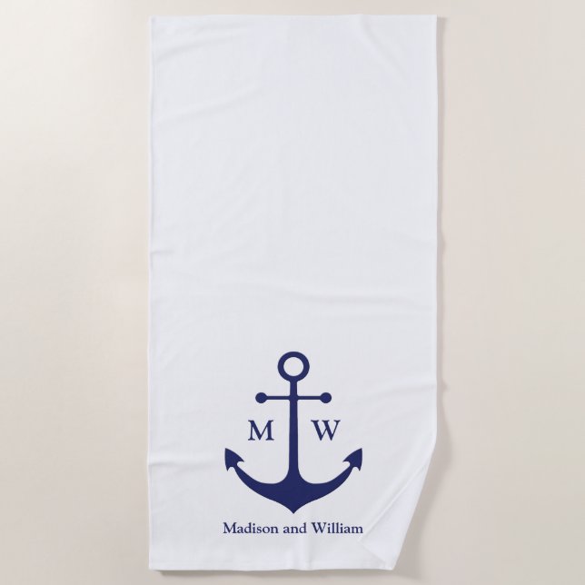 Serviette De Plage Ancrage nautique marine bleu blanc personnalisé mo (Devant)