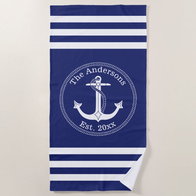 Serviette De Plage Ancre blanche marine Nom de famille Choisir la cou (Devant)
