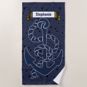 Serviette De Plage Ancre bleue marine avec votre nom ou votre devis