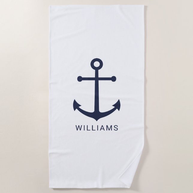 Serviette De Plage Ancre bleue marine et nom personnalisé (Devant)