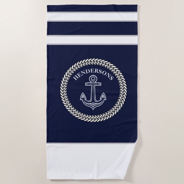 Serviette De Plage Ancre bleue marine Monogramme côtier (Devant)