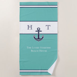 Serviette De Plage Ancre bleue Turquoise marine Nom du monogramme côt