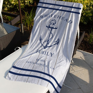 Serviette De Plage Ancre de famille personnalisée en bois blanc nauti