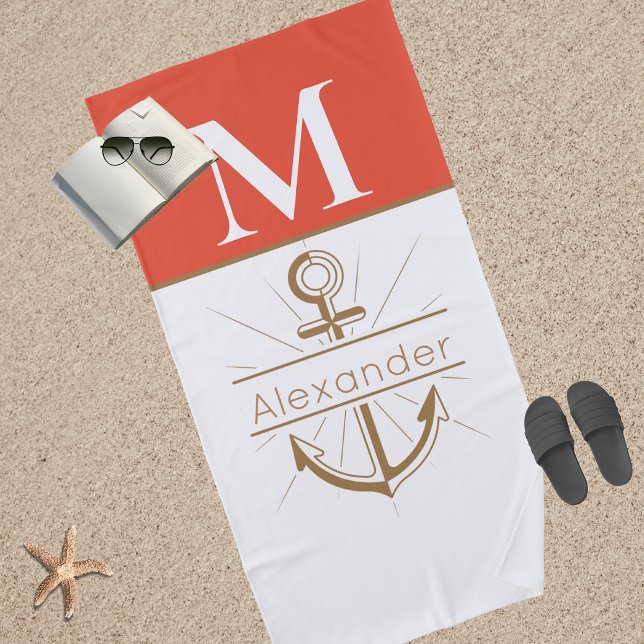 Serviette De Plage Ancre de pêche du corail côtier Monogramme nautiqu (Créateur téléchargé)