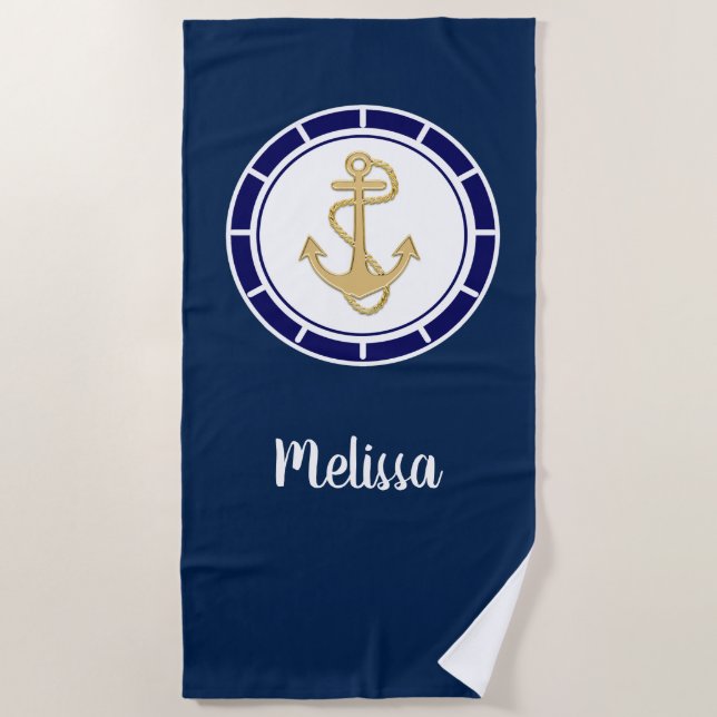 Serviette De Plage Ancre dorée centrale Marine Bleu Nautique (Devant)