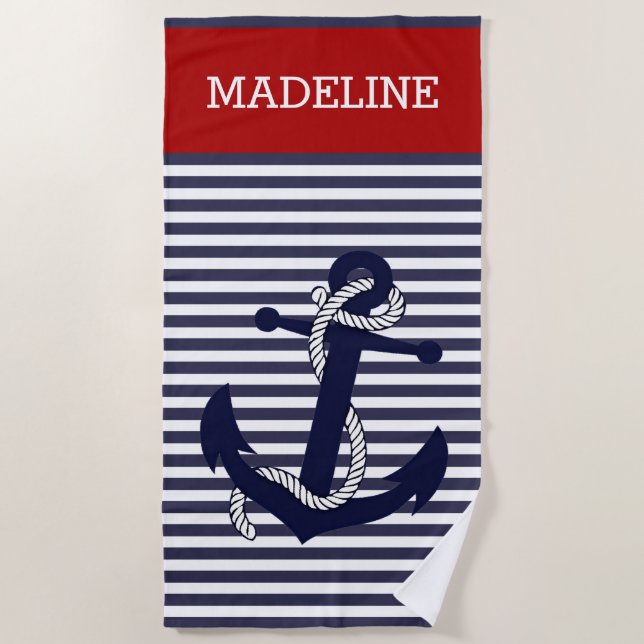 Serviette De Plage Ancre marine personnalisée Bleu foncé rouge rayure (Devant)