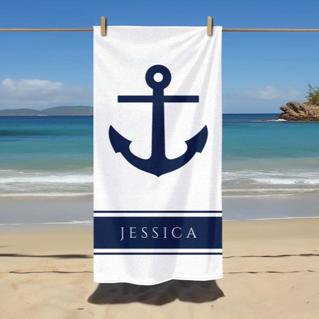 Serviette De Plage Ancre Nautione Nom Personnalisé Poudre Bleue  (Nautical Anchor Custom Name Powder Blue Beach Towel)