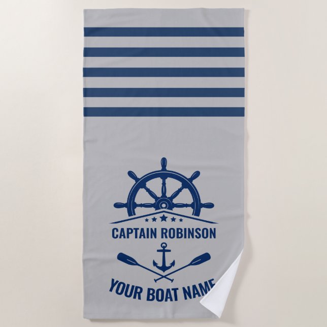 Serviette De Plage Ancre nautique aviron Bateau ou nom du capitaine (Devant)