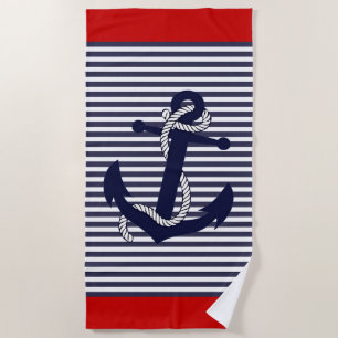 Serviette De Plage Ancre nautique Bleu Rouge Blanc rayures Motif