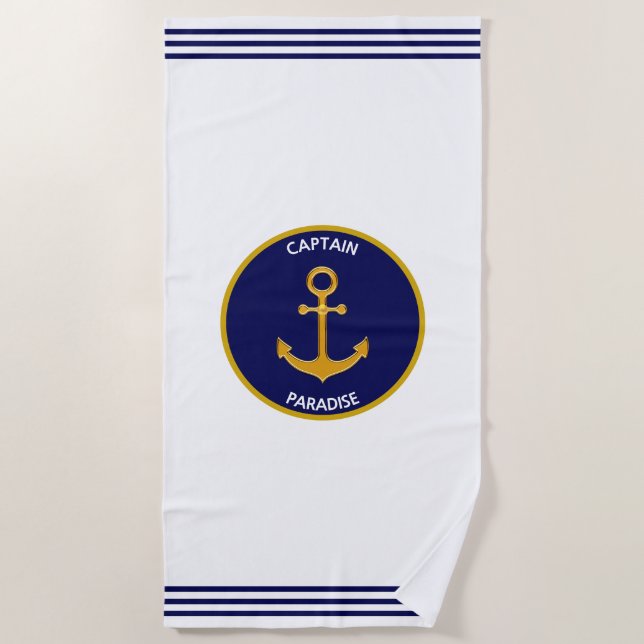 Serviette De Plage Ancre Nautique Golden Ship sur Blanc & Marine Bleu (Devant)