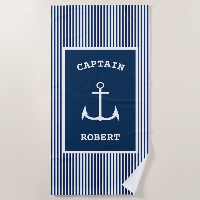 Serviette De Plage Ancre nautique Nom du capitaine Bande (Devant)