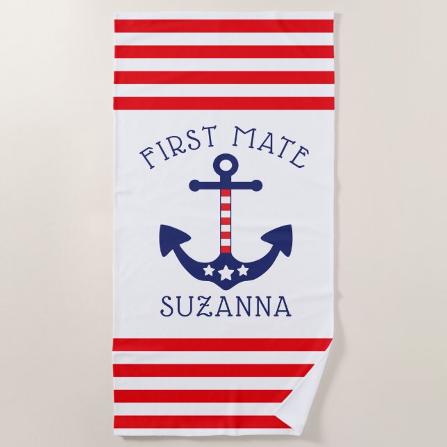 Serviette De Plage Ancre nautique Patriotic First Mate Ajouter un nom (Devant)