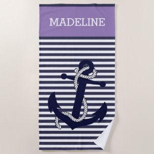 Serviette De Plage Ancre Nautique Personnalisée Bleu Violet Violet Ra