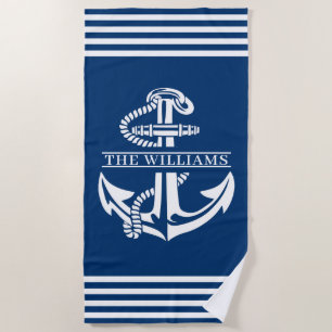 Serviette De Plage Ancre Nautique Personnalisée Sur Bleu Et Blanc