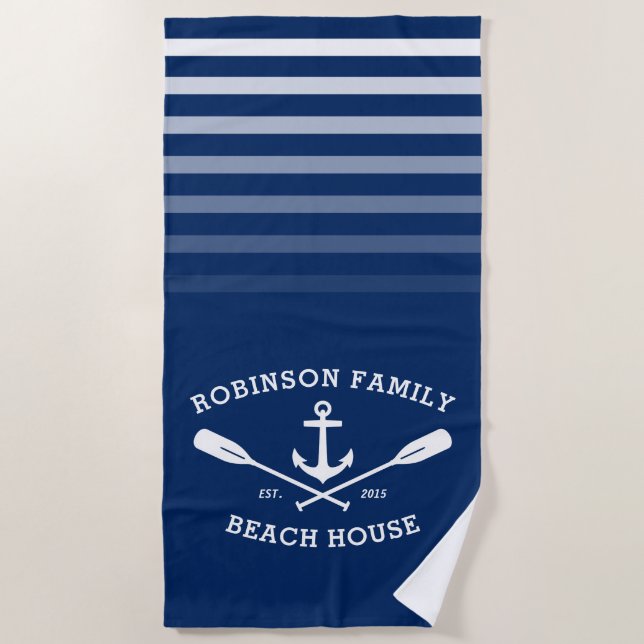Serviette De Plage Ancre Oars Nom de famille Beach House Marine Blue (Devant)