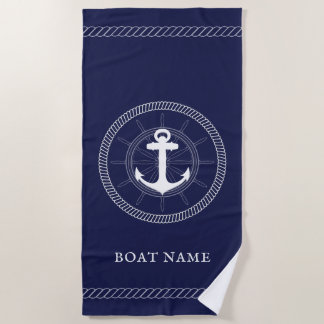 Serviette De Plage Ancre personnalisée Bleu nautique blanc 