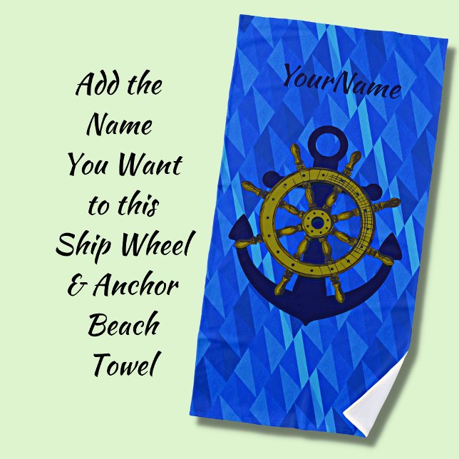 Serviette De Plage Ancre & Roue sur l'eau, ajouter Nom Bleu foncé cla (Créateur téléchargé)