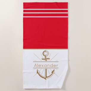 Serviette De Plage Ancre rouge côtière Nom du monogramme nautique Bat