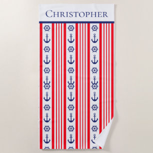 Serviette De Plage Ancres et navires nautiques rouges blancs et bleus
