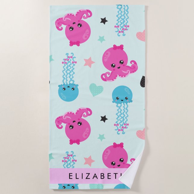 Serviette De Plage Animaux de mer, poulpe, méduse, Coeurs, Votre nom (Devant)
