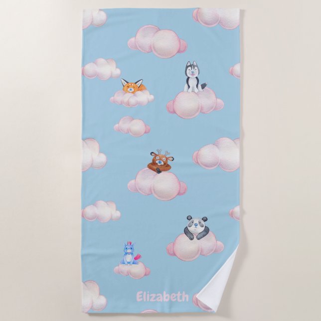 Serviette De Plage Animaux Pastel Mignons Sur Les Nuages Monogramme (Devant)