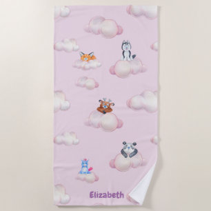 Serviette De Plage Animaux Pastel Mignons Sur Les Nuages Monogramme