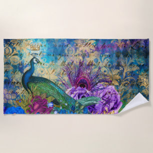 Serviette De Plage Antique Illustré Paon & Fleurs Grunge