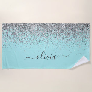 Serviette De Plage Aqua Bleu Turquoise Argent Paillettes Monogramme