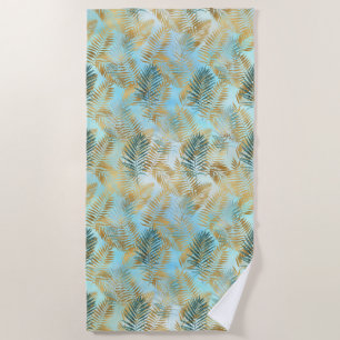 Serviette De Plage Aqua Sky Green Gold Feuilles tropicaux