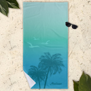 Serviette De Plage Aqua Turquoise Palm Trees Été Tropical Avec Nom