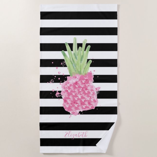 Serviette De Plage Aquarelle Ananas rose, Blancs noirs (Devant)