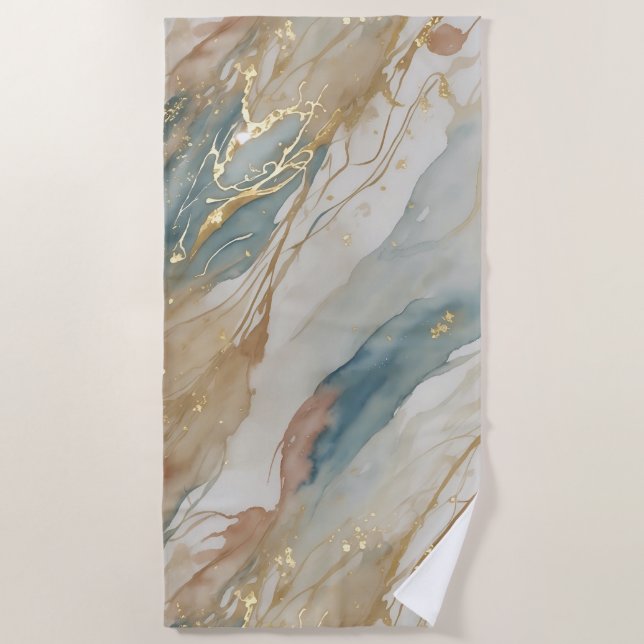 Serviette De Plage Aquarelle beige et bleu Marbre Abstrait (Devant)
