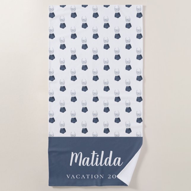 Serviette De Plage Aquarelle bikini bleu et blanc plage personnalisée (Devant)