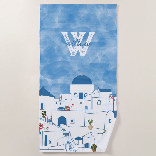 Serviette De Plage Aquarelle bleue et blanche Santorin Grèce Monogram (Devant)