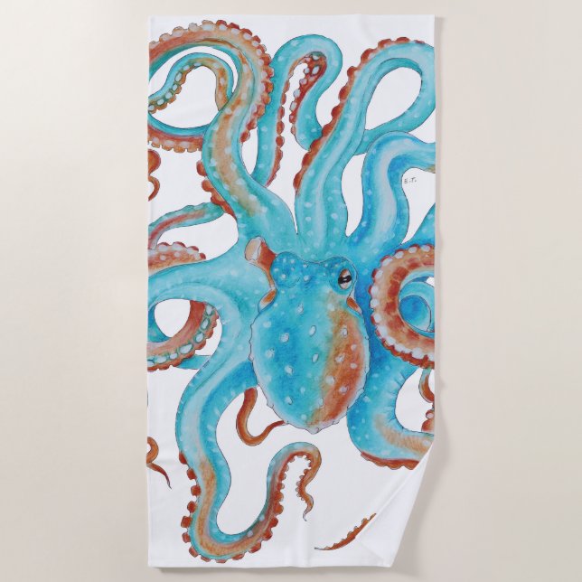 Serviette De Plage Aquarelle bleue pâle octopique Turquoise (Devant)